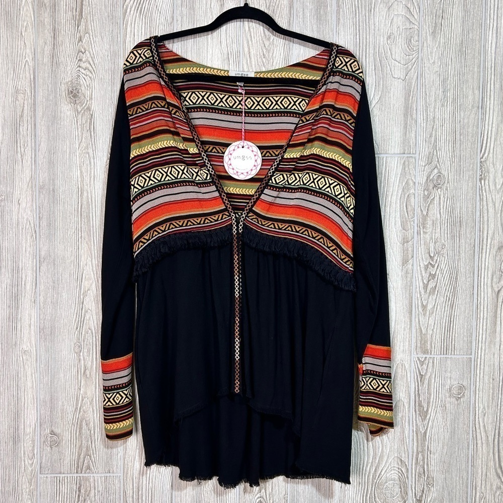 Umgee Boho Aztez Embroidered Open Front Cardigan Fringe and Raw Edge Hem Size S